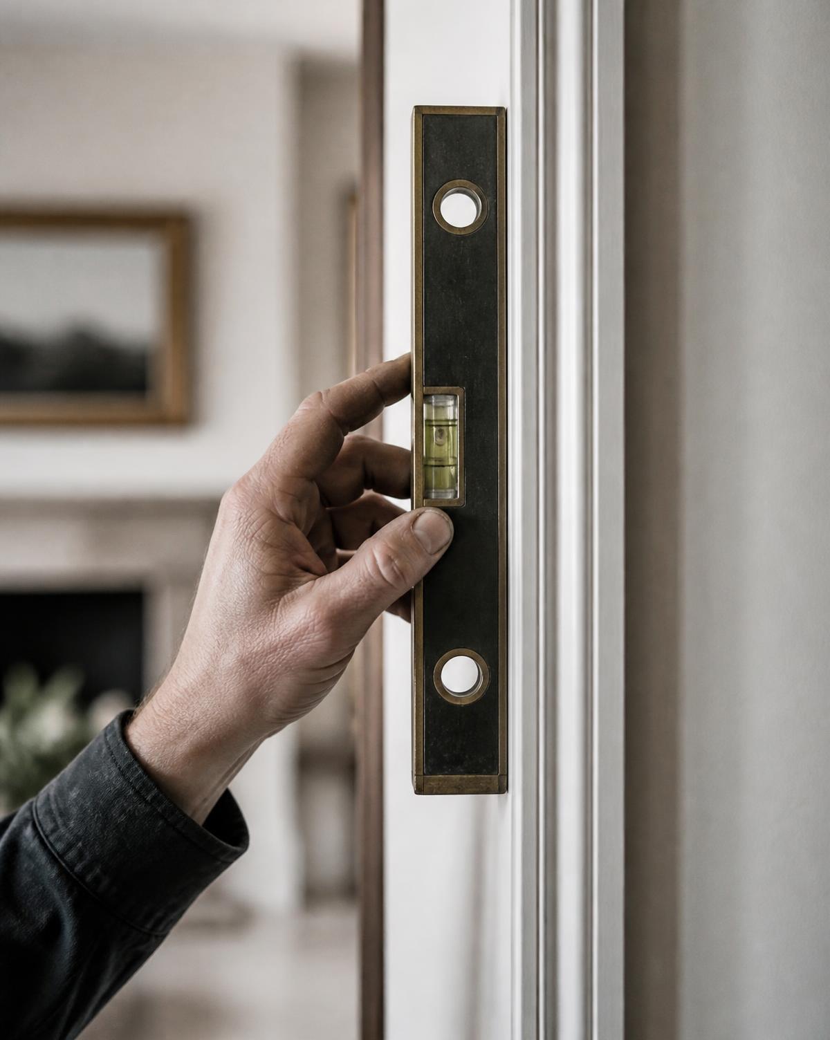 Close detail of finishing work being checked during a London renovation